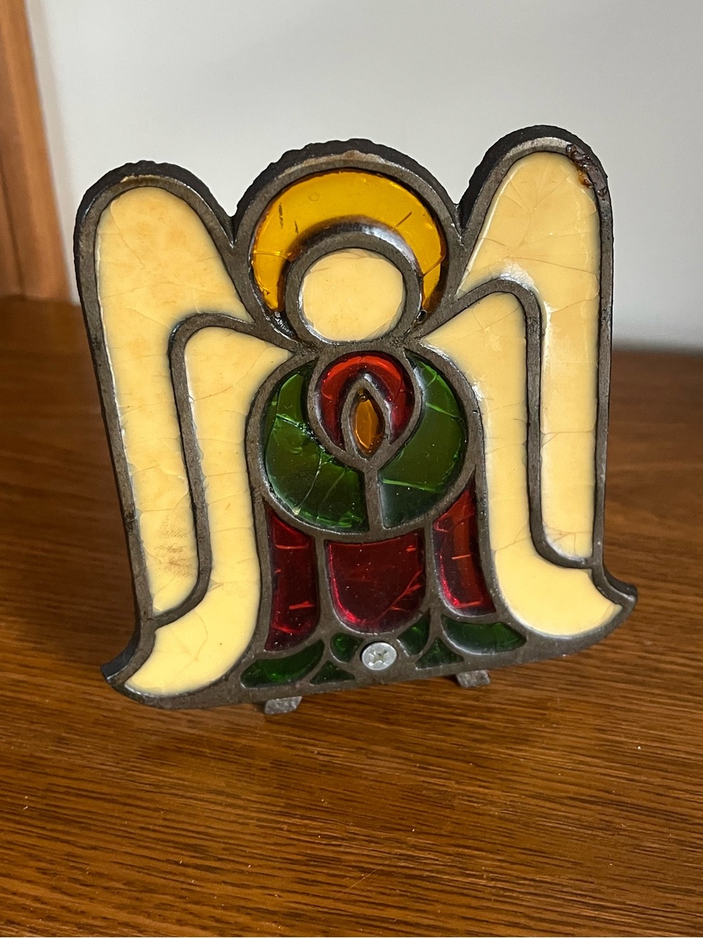 Stained Glass Angel Accent - Cream, Red & Green